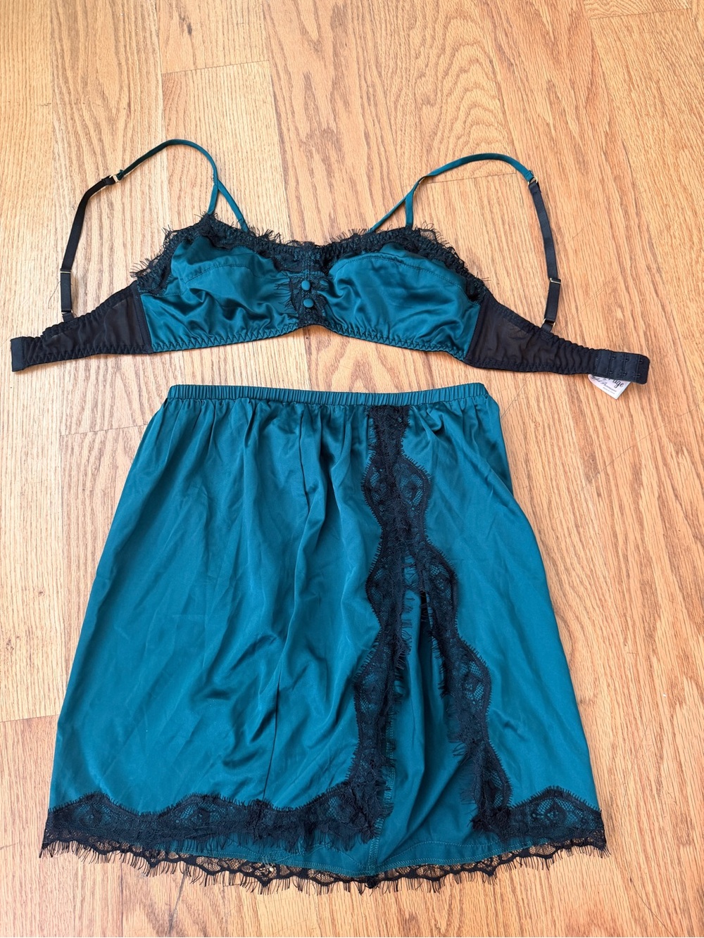 Bettie Page Teal Satin Bra & Slip Set with Black Lace